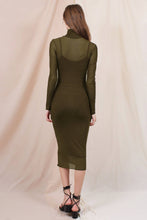 Load image into Gallery viewer, Bodycon Mock Neck Mesh Long Sleeve Midi Dress - Olive