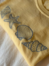 Load image into Gallery viewer, Butter Yellow Tee w/ Embroidered Blue Seashells