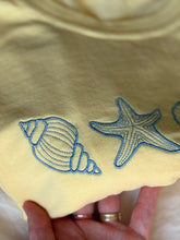 Load image into Gallery viewer, Butter Yellow Tee w/ Embroidered Blue Seashells