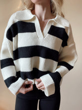 Load image into Gallery viewer, Ivory + Black Dropped Shoulder Striped Sweater with Collar