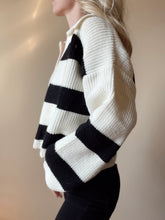 Load image into Gallery viewer, Ivory + Black Dropped Shoulder Striped Sweater with Collar