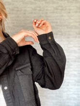 Load image into Gallery viewer, Oversized Black Denim Distressed Jacket