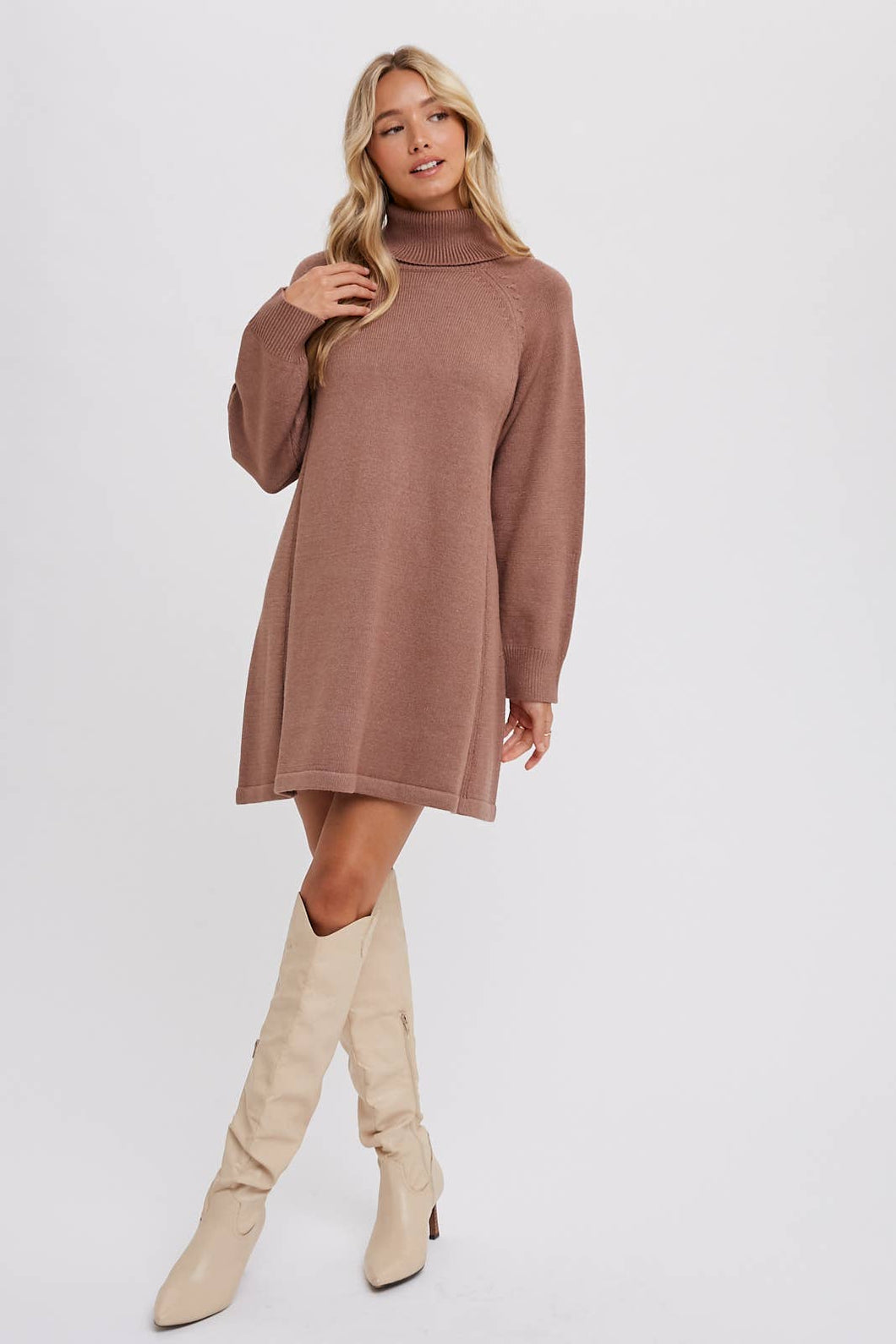 Turtleneck Knit Sweater Dress - Latte