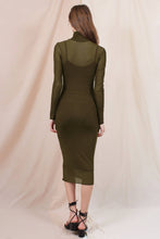 Load image into Gallery viewer, Bodycon Mock Neck Mesh Long Sleeve Midi Dress - Olive

