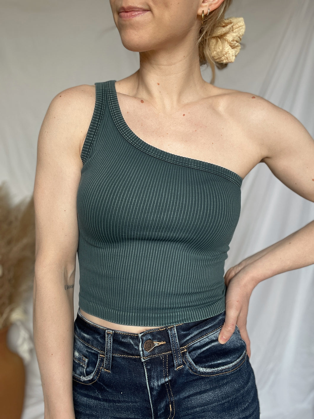 Vintage One Shoulder Ribbed Crop Top - 4 colors