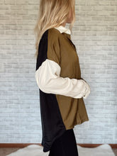 Load image into Gallery viewer, Color Block Long Sleeve Black and Olive Blouse
