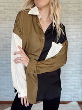 Load image into Gallery viewer, Color Block Long Sleeve Black and Olive Blouse
