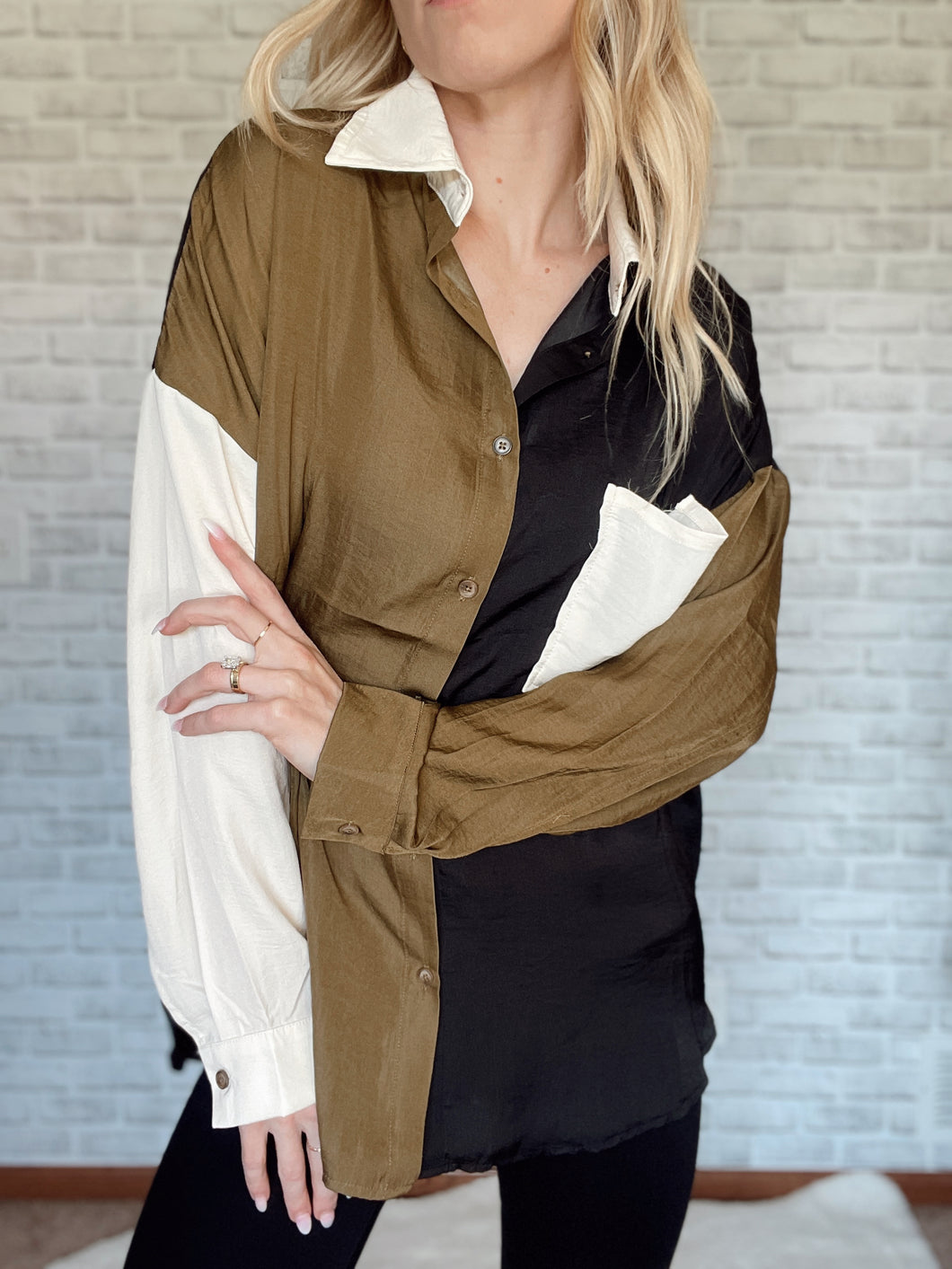 Color Block Long Sleeve Black and Olive Blouse