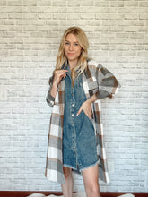 Load image into Gallery viewer, Long Plaid Lapel Shacket - Grey + White
