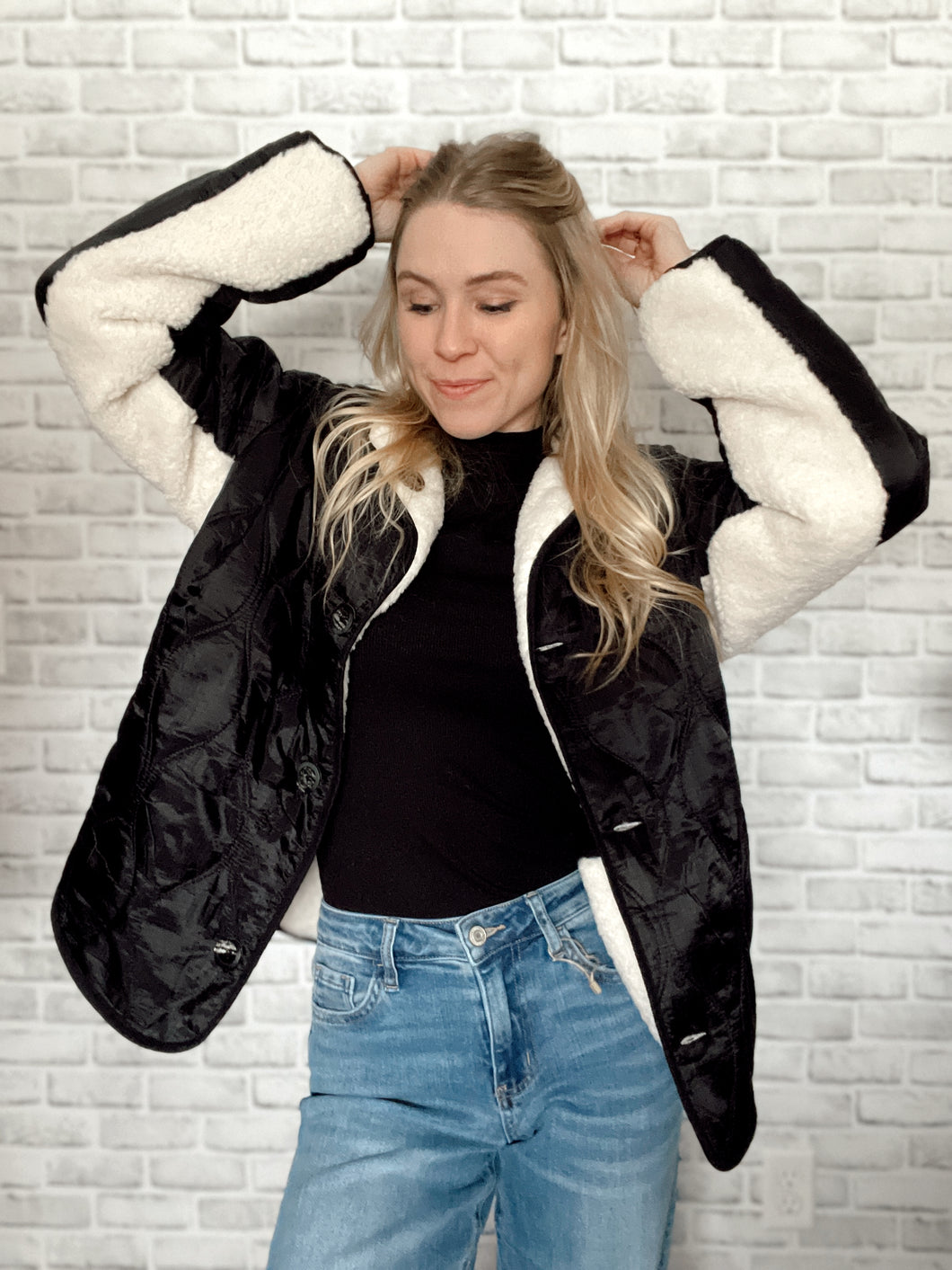 Reversible Quilted Black + White Sherpa Jacket