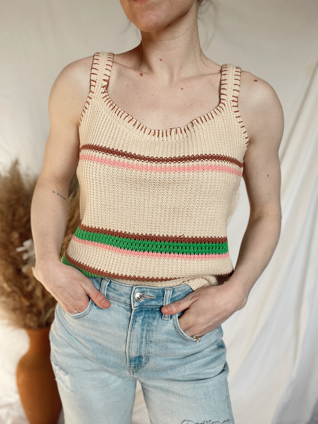 Multi-Color Natural Striped Crochet Sweater Tank