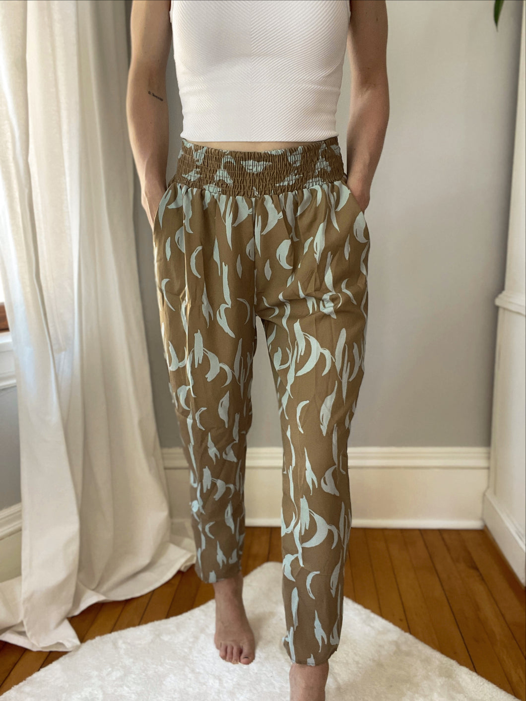Taupe & Aqua Smocked Printed Pants