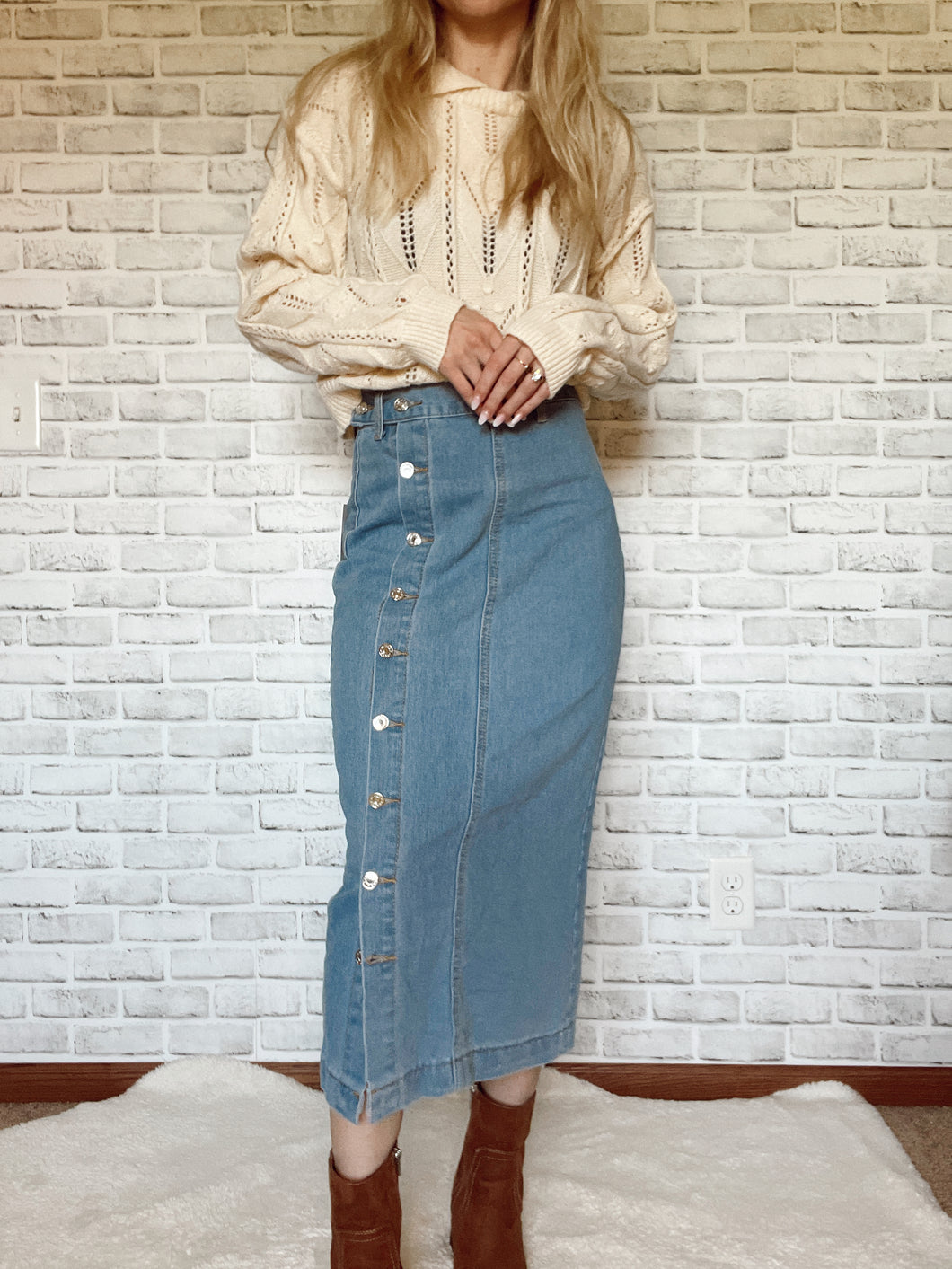 Irregular Buttoned Denim High-Rise Maxi Skirt