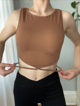 Load image into Gallery viewer, Cognac Ribbed Tie Waist Crop Top
