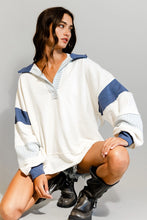 Load image into Gallery viewer, French Terry Knit Color-block Collared Loose Fit Top - Ivory/Navy
