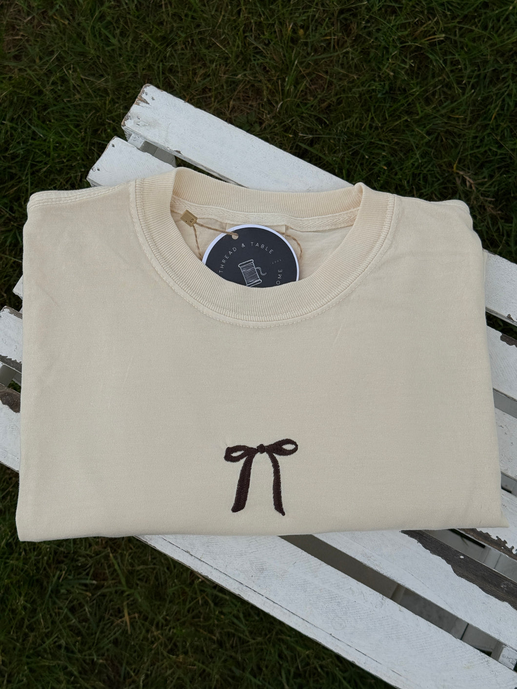 Chocolate Brown Bow Embroidered Ivory Tee