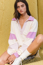 Load image into Gallery viewer, French Terry Knit Color-block Collared Loose Fit Top - Lavender &amp; Cream
