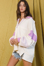Load image into Gallery viewer, French Terry Knit Color-block Collared Loose Fit Top - Lavender &amp; Cream
