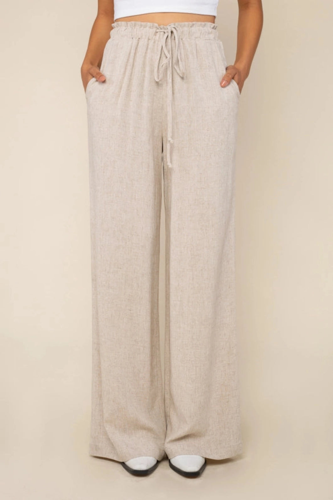 Wide Leg Rayon Linen Pant w/ Ruffle Waistband - Natural
