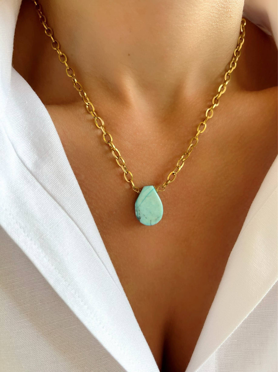 Teardrop Turquoise Stone Gold Necklace