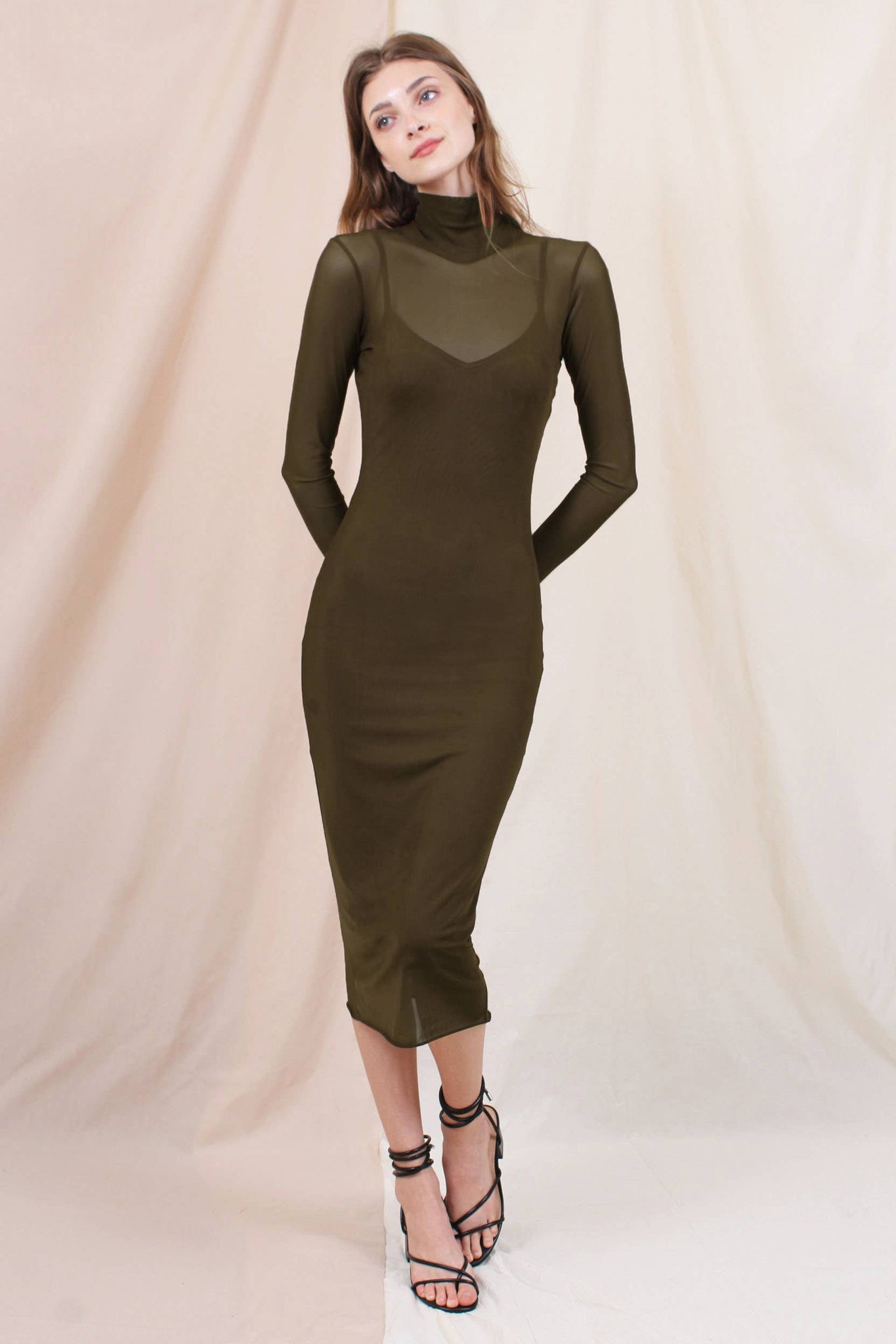 Bodycon Mock Neck Mesh Long Sleeve Midi Dress - Olive Large / Olive Bodycon Mock Neck Mesh Long Sleeve Midi Dress - Olive Large / Olive